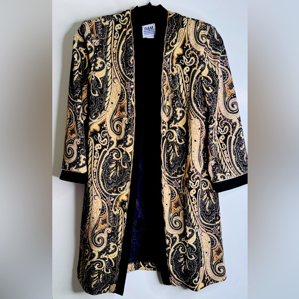 ✨Vintage R&M Richards Karen Kwong Cardigan Medium Paisley Gold 3/4 Sleeve Y2K